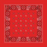 A red bandana features intricate black and white paisley patterns along the edges with a matching patterned design in the center surrounded by a solid red background.
