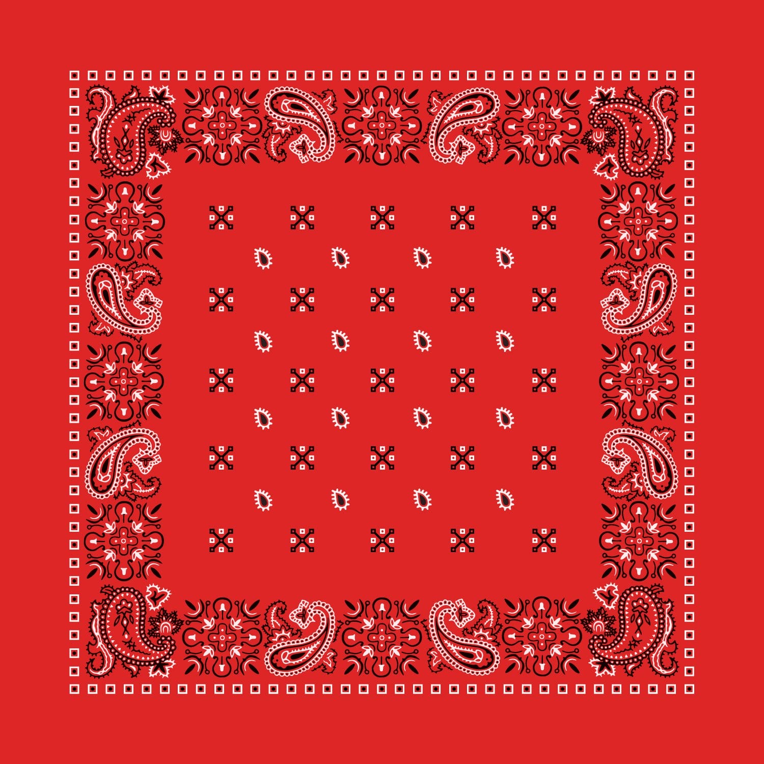 A red bandana features intricate black and white paisley patterns along the edges with a matching patterned design in the center surrounded by a solid red background.