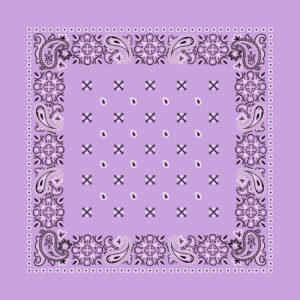 A patterned bandana features a light purple background with intricate black designs and paisley motifs along the edges  while small black crosses and teardrop shapes are scattered throughout the center.
