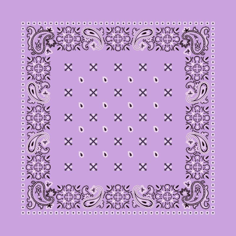 Square Paisley Bandana Imported 100% Cotton A patterned bandana features a light purple background with intricate black designs and paisley motifs along the edges while small black crosses and teardrop shapes are scattered throughout the center.