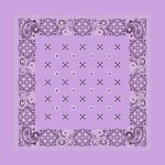 A square lavender bandana features intricate black paisley designs and floral motifs along the border with a grid of smaller shapes in the center creating a decorative pattern.