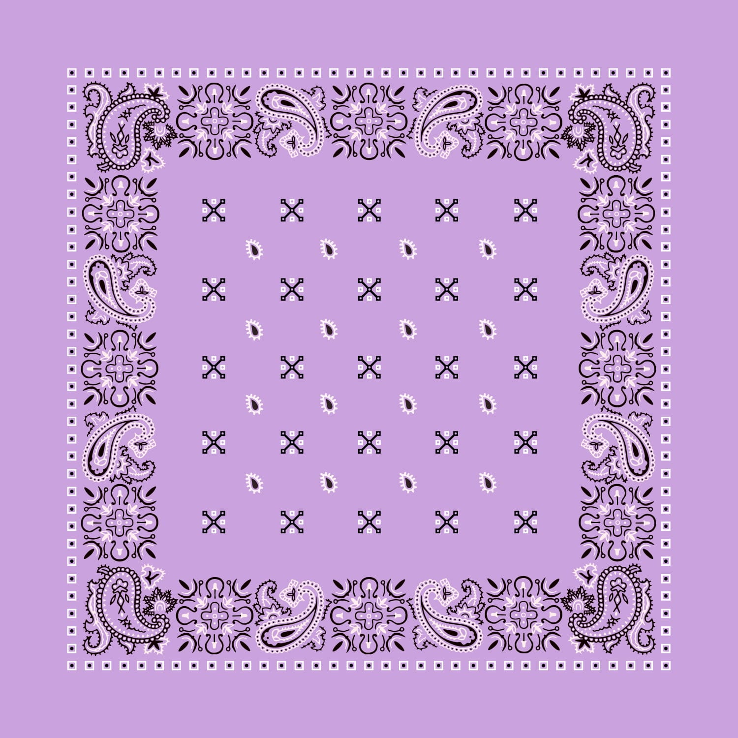 A square lavender bandana features intricate black paisley designs and floral motifs along the border with a grid of smaller shapes in the center creating a decorative pattern.