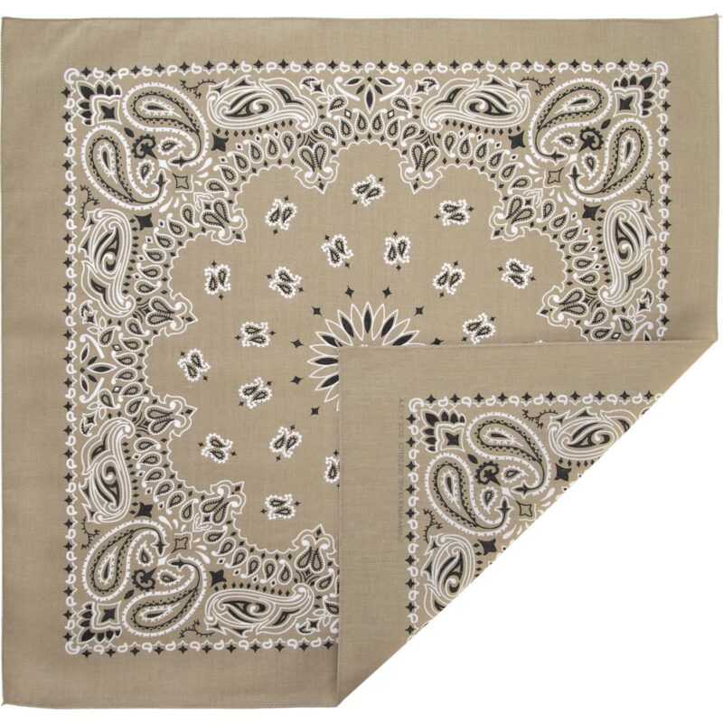 Western Paisley Handkerchiefs - USA - 100% cotton A paisley-patterned fabric square is folded at one corner displaying intricate white and black designs on a beige background suggesting potential use as a decorative accessory or clothing item.