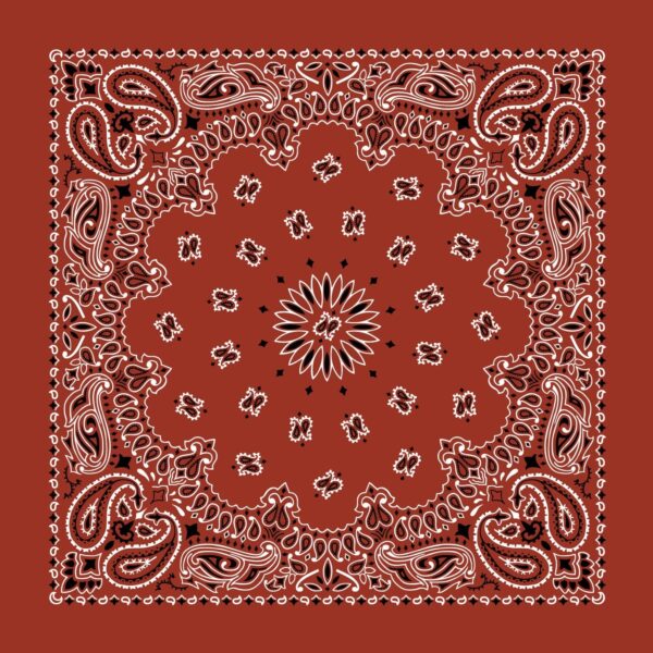 A red bandana features intricate white paisley and floral patterns arranged in a circular design with symmetrical elements radiating from the center against a solid background.