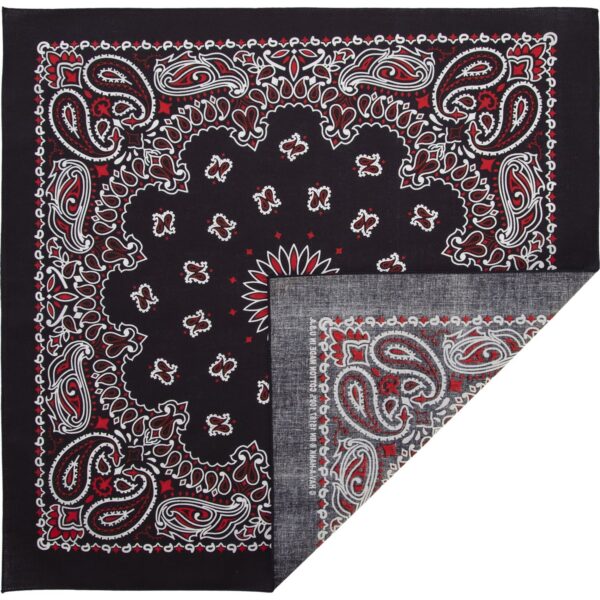 A patterned bandana features intricate paisley designs in white and red against a black background with a contrasting gray corner showing similar patterns.
