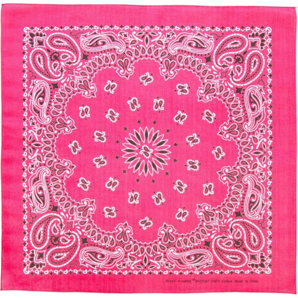 A pink bandana features intricate white and black paisley patterns and a central floral design surrounded by smaller motifs set against a vibrant backdrop conveying a bold textile aesthetic.