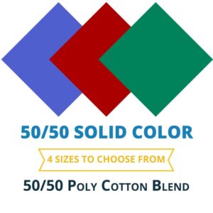 Colorful diamonds in blue red and green are displayed with text indicating 50/50 solid color 4 sizes to choose from 50/50 poly cotton blend