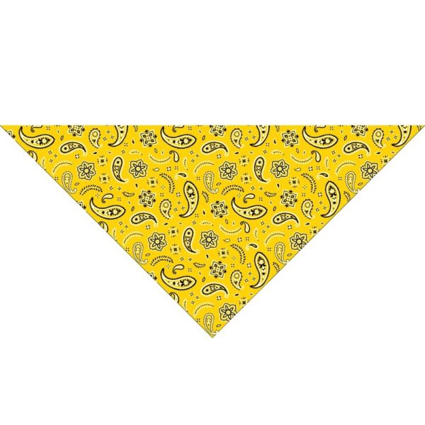 A yellow bandana features a repeating pattern of black paisleys and flowers. It lies flat against a white background  showcasing its vibrant color and intricate design.