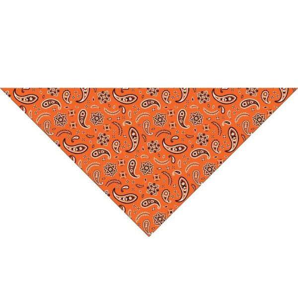 A triangular bandana in vibrant orange features a repeating pattern of black paisley designs and floral shapes  resting flat against a white background.