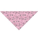 A pink bandana features a black paisley pattern along with floral and geometric designs placed throughout its triangular shape on a white background.