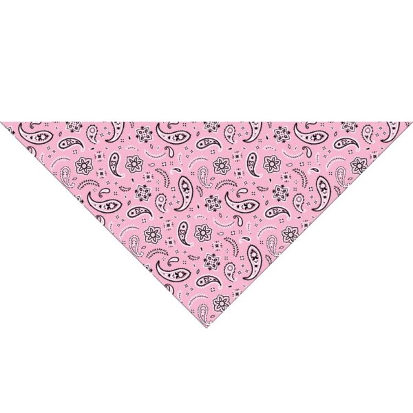A pink bandana features a black paisley pattern along with floral and geometric designs placed throughout its triangular shape on a white background.