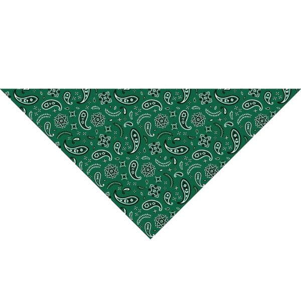 A green bandana features a white paisley pattern with intricate designs across its triangular surface showcasing both floral and swirling motifs in a vibrant color scheme.