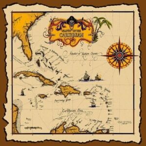 A vintage-style map of the Caribbean features islands detailed in brown and yellow. It includes ships sailing  a compass rose  and ornate text at the top. The background is a rugged border.