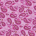 A pink fabric features an intricate paisley pattern with various shades of pink and brown swirls surrounded by white dots and small hearts creating a playful decorative style