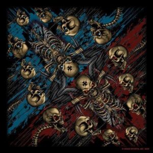 A symmetrical pattern features human skeletons and skulls in gold against a distressed blue and red background  creating a dark  edgy aesthetic that emphasizes the macabre elements.