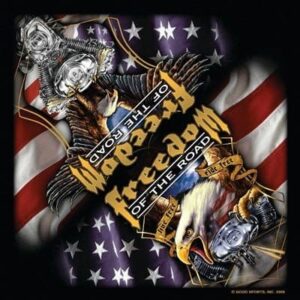 A stylized eagle and motorcycle parts are intertwined with the text "Freedom of the Road" against a backdrop of the American flag  symbolizing freedom and adventure.
