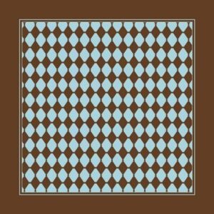 A pattern of alternating blue and brown diamond shapes tiles arranged in a uniform grid on a brown background creating a visually repetitive and symmetrical design
