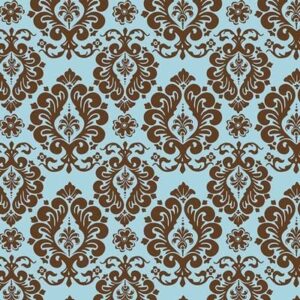A blue background features an intricate brown damask pattern with floral motifs and scrolling designs  creating a vintage aesthetic suitable for textile or wallpaper applications.