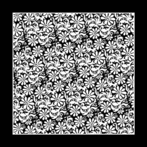 A square pattern of white flowers and swirling vines is displayed against a black background creating a bold and intricate design that appears to repeat seamlessly across the surface.