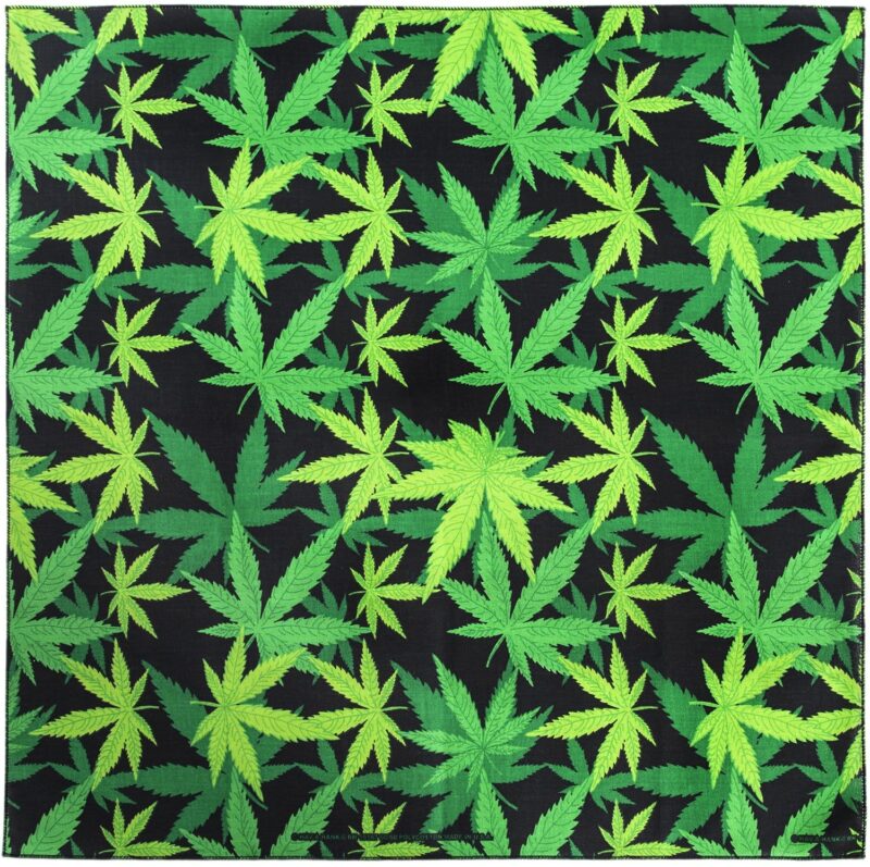 Cannabis Bandana A patterned cloth displays vibrant green cannabis leaves against a solid black background creating a striking contrast and an eye-catching design suitable for various decorative uses.