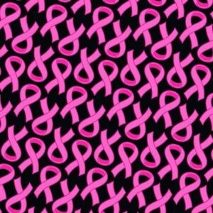 A repeated pattern of pink ribbons is displayed on a black background creating a visually striking design often associated with awareness and support for various causes.