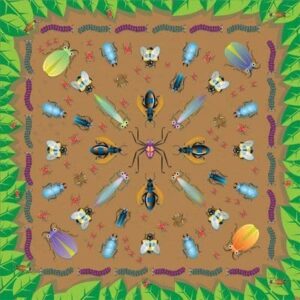 A variety of colorful insects including beetles butterflies and ants are arranged in a circular pattern on a brown ground surrounded by green leaves creating an engaging nature scene
