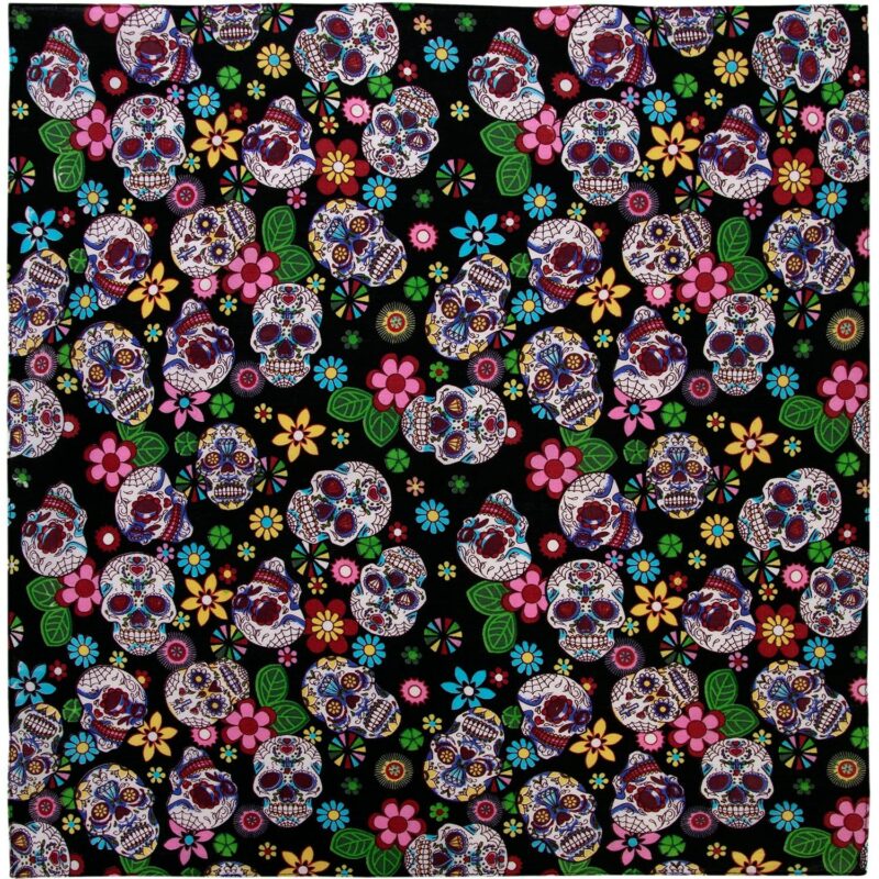 Day of the Dead - Multi Color Bandana - 22x22 Inch A vibrant fabric covered with intricate skull designs surrounded by colorful flowers and leaves set against a black background creating a festive and lively pattern.