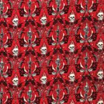 A repeating pattern features aggressive skulls swords roses and flames on a vibrant red background creating a bold and intense visual motif suitable for various design applications.
