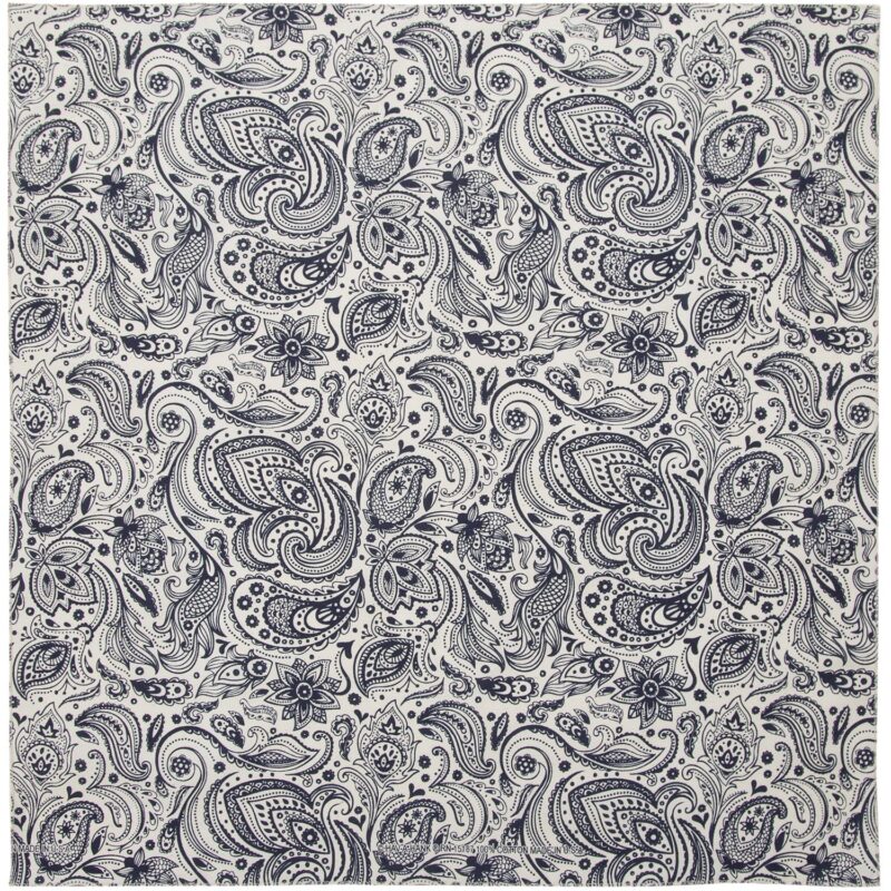 English Paisley - Indigo Blue on Cream Bandana - 22x22 Inch A patterned fabric features intricate swirls and floral designs in dark blue on a light background creating a sophisticated textile ideal for decor or crafts.