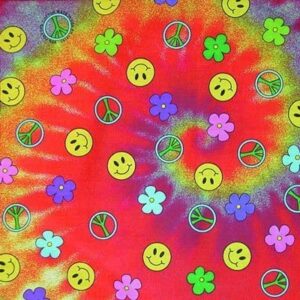 A colorful fabric features a tie-dye pattern with bright red  yellow  and green swirls. It displays smiley faces  peace symbols  and various flowers scattered throughout the design.