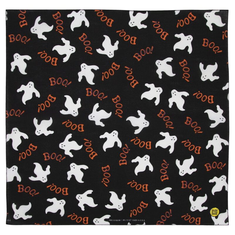 Boo Ghost- Glowing Bandana - USA - 22x22 Inch A black fabric features repeated white ghost silhouettes and the word "Boo!" in orange creating a playful Halloween-themed design suitable for decorations or apparel.
