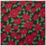 A floral fabric features vibrant red poinsettias with green leaves arranged against a solid black background creating a festive and decorative pattern ideal for seasonal themes.