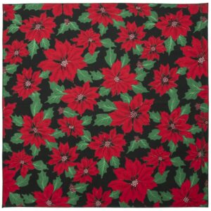 A floral fabric features vibrant red poinsettias with green leaves arranged against a solid black background creating a festive and decorative pattern ideal for seasonal themes.