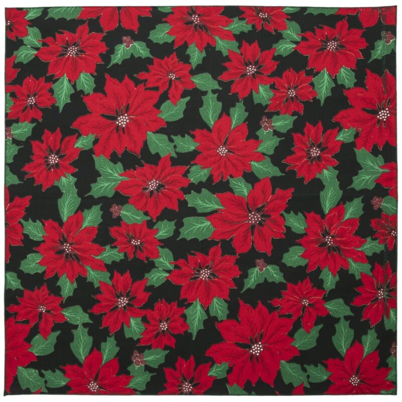A floral fabric features vibrant red poinsettias with green leaves arranged against a solid black background creating a festive and decorative pattern ideal for seasonal themes.