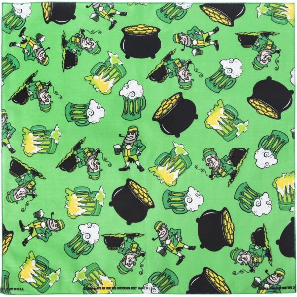 A green fabric features various cartoon leprechauns with beer mugs pots of gold and foamy beer surrounded by a playful festive pattern suggesting a celebration or St. Patrick's Day theme.