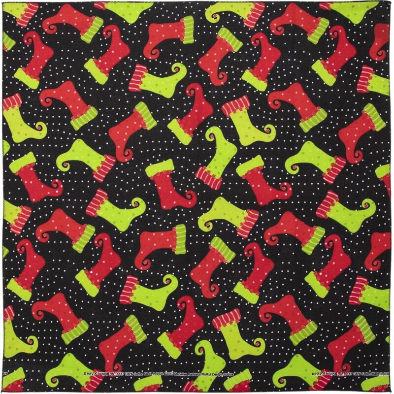 Colorful Christmas-themed stockings in red and green are scattered randomly on a black background dotted with white specks resembling snow  creating a festive holiday pattern.