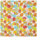Colorful decorated Easter eggs are densely packed across a white background creating a vibrant pattern with various designs including stripes swirls and flowers suggesting a festive celebration.