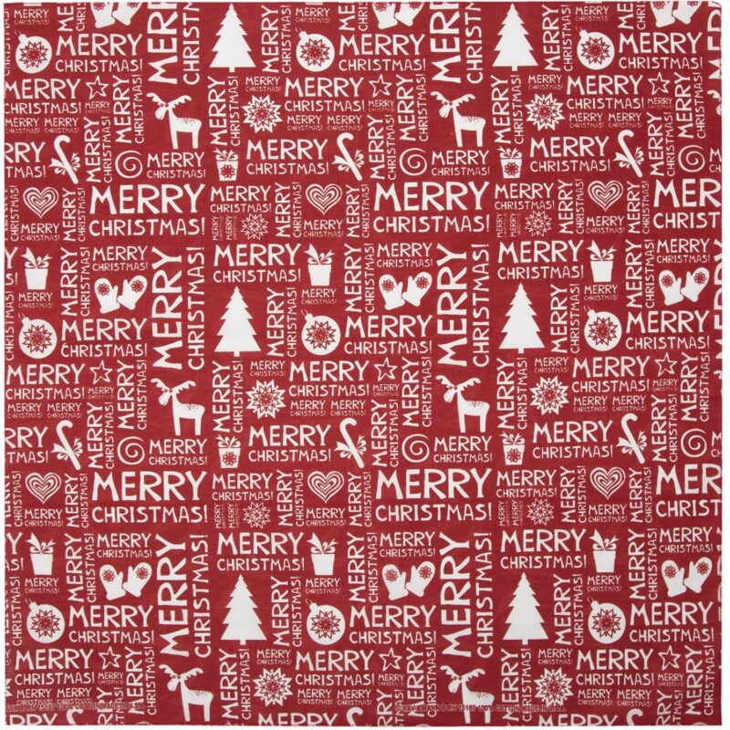 A red fabric features multiple white patterns including trees reindeer snowflakes and the phrase MERRY CHRISTMAS in various styles creating a festive seasonal aesthetic