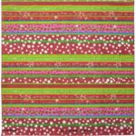 Colorful patterned wrapping paper features alternating stripes of red green pink and white with playful designs including polka dots stars and the text Ho Ho Ho throughout a festive context.