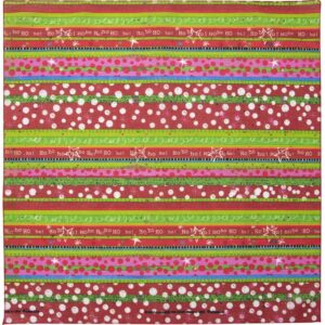 Colorful patterned wrapping paper features alternating stripes of red green pink and white with playful designs including polka dots stars and the text Ho Ho Ho throughout a festive context.