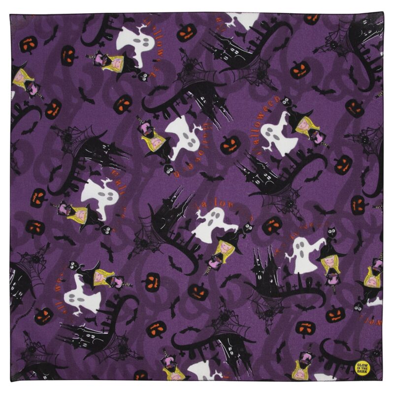 Witches and Ghosts Purple Bandana - USA - 22x22 Inch A purple fabric displays a repeated pattern of ghosts cats bats pumpkins and witches against a whimsical Halloween-themed backdrop creating a festive atmosphere.