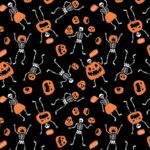 A repeating pattern features playful skeletons in various poses and expressions alongside whimsical orange pumpkins on a solid black background with scattered text elements saying "HELLO" and "LA-LA-LA."