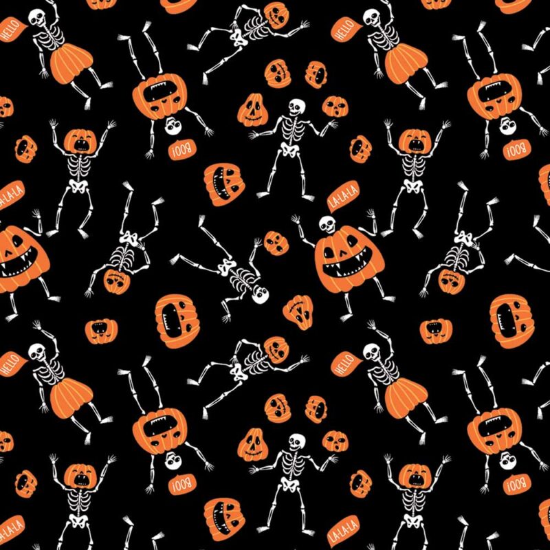 A repeating pattern features playful skeletons in various poses and expressions alongside whimsical orange pumpkins on a solid black background with scattered text elements saying "HELLO" and "LA-LA-LA."