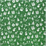 A green fabric featuring a repeating pattern of white Christmas-themed icons including gifts snowmen trees reindeer and ornaments creating a festive and cheerful holiday design.