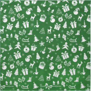 A green fabric featuring a repeating pattern of white Christmas-themed icons including gifts snowmen trees reindeer and ornaments creating a festive and cheerful holiday design.