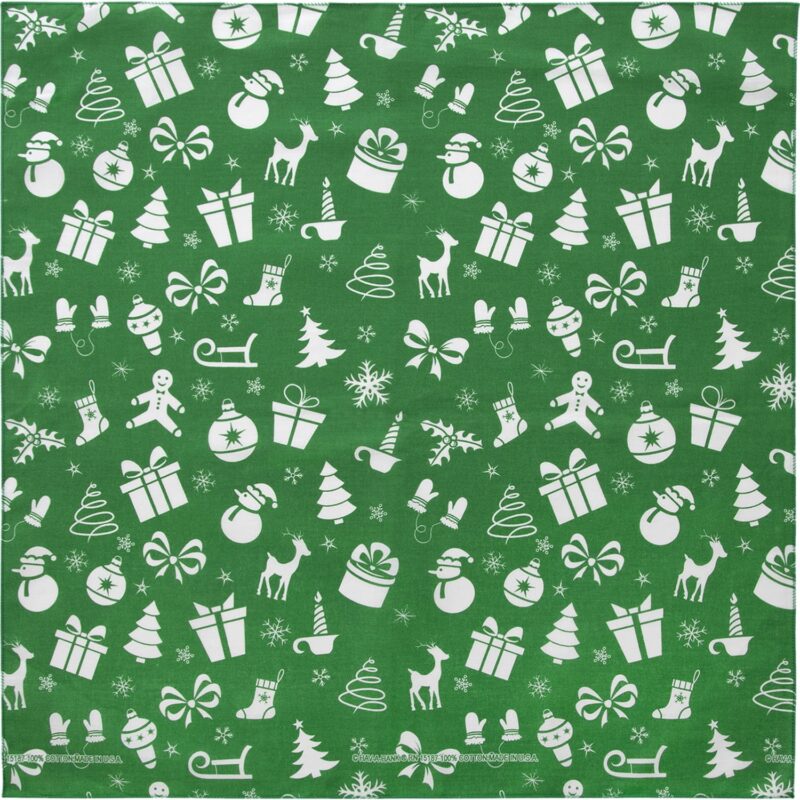 A green fabric featuring a repeating pattern of white Christmas-themed icons including gifts snowmen trees reindeer and ornaments creating a festive and cheerful holiday design.