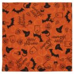 A square orange cloth features black Halloween-themed illustrations including pumpkins cats bats and the text Happy Halloween repeated throughout creating a festive atmosphere suitable for the holiday.