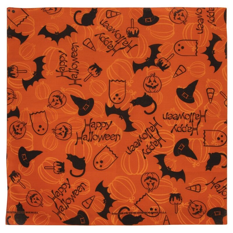 Happy Halloween Bandana - USA - 22x22 Inch A square orange cloth features black Halloween-themed illustrations including pumpkins cats bats and the text Happy Halloween repeated throughout creating a festive atmosphere suitable for the holiday.