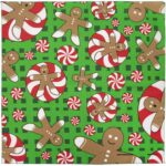 A patterned cloth features gingerbread men and peppermint candies in red and white circles on a bright green background  creating a festive and cheerful holiday theme.