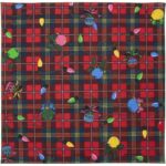 A red plaid cloth features vibrant illustrations of Christmas ornaments and colorful lights intertwined among green holly leaves creating a festive holiday atmosphere suitable for decorating or gifting.